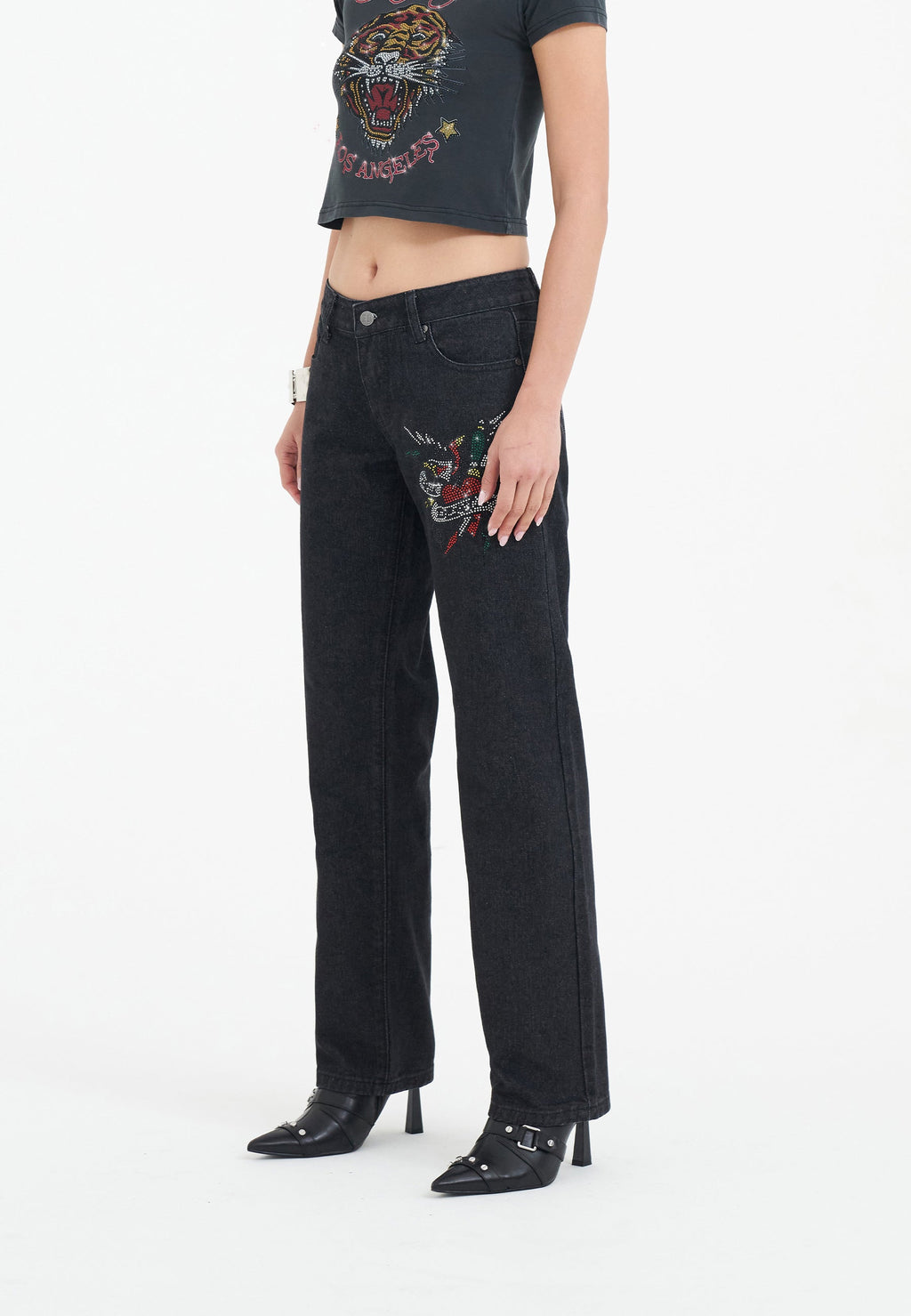 Womens True Death Diamante Straight Denim Trousers Jeans - Black