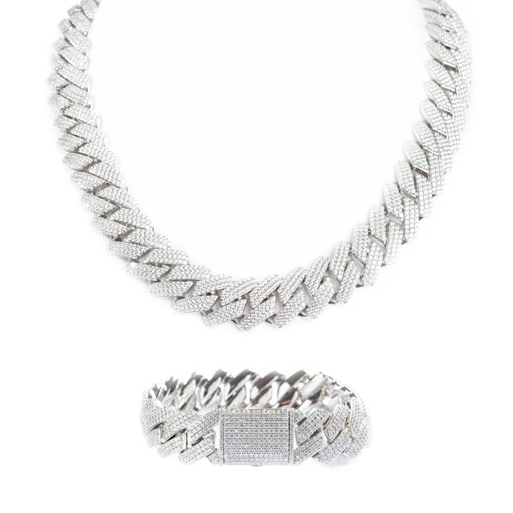 19mm Iced Prong Cuban Link Chain + Bracelet - White Gold