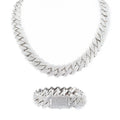 19mm Iced Prong Cuban Link Chain + Bracelet - White Gold