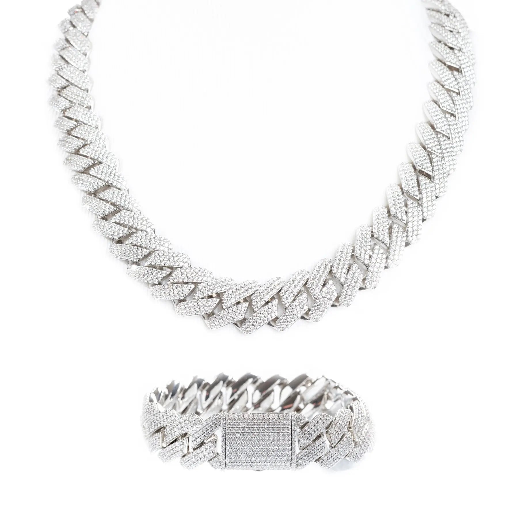 19mm Iced Prong Cuban Link Chain + Bracelet - White Gold