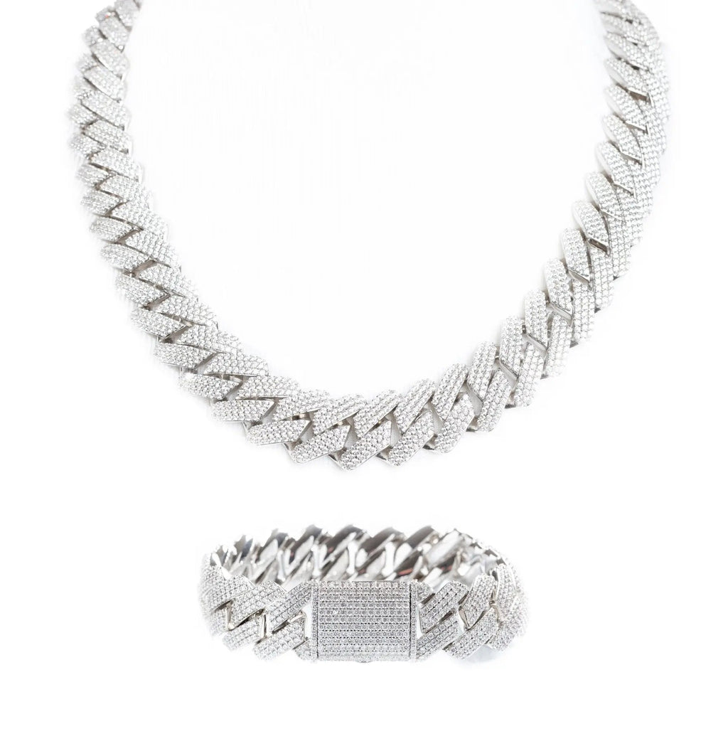 19mm Iced Prong Cuban Link Chain + Bracelet - Silver