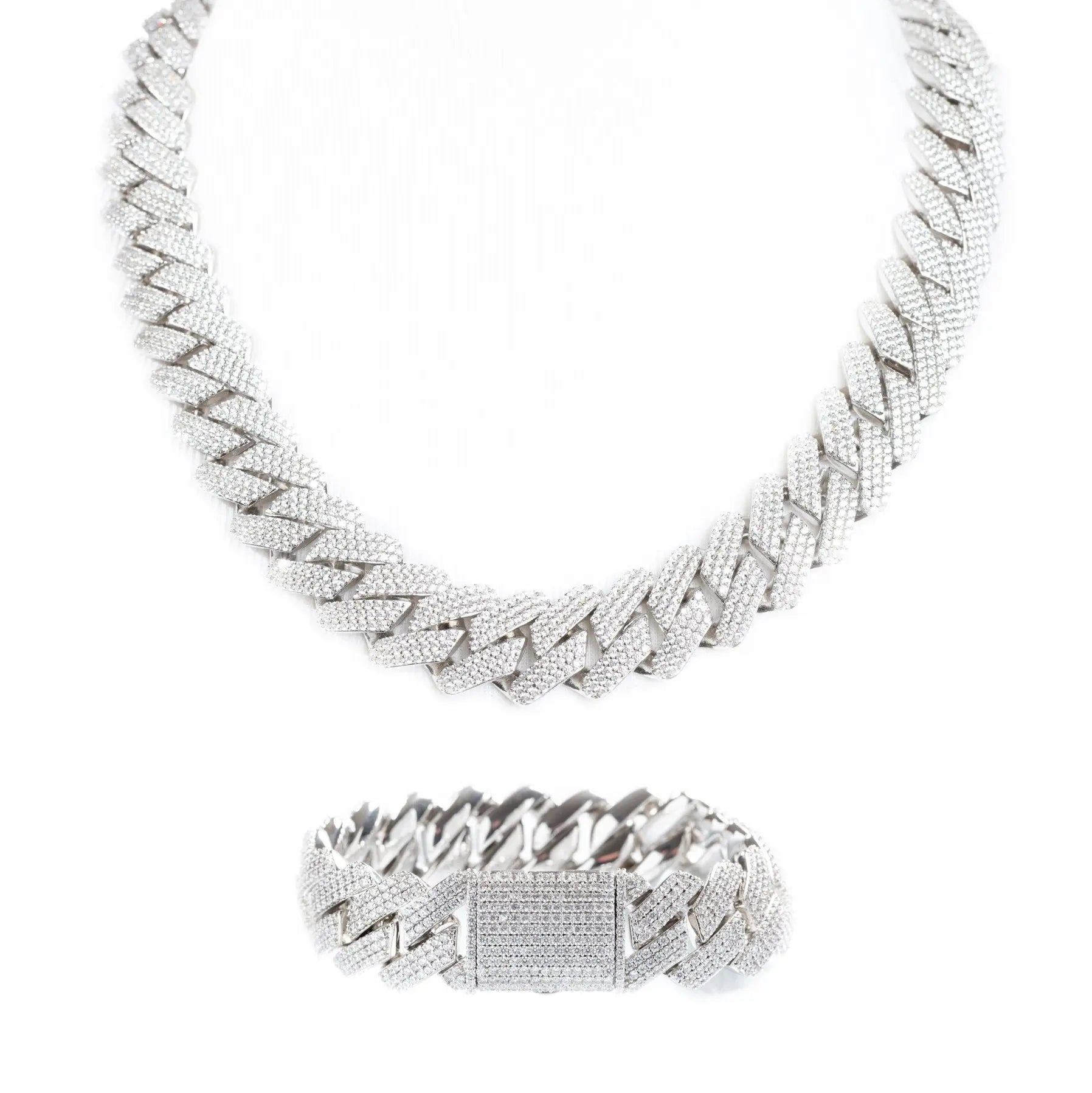 19mm Iced Prong Cuban Link Chain + Bracelet - Silver