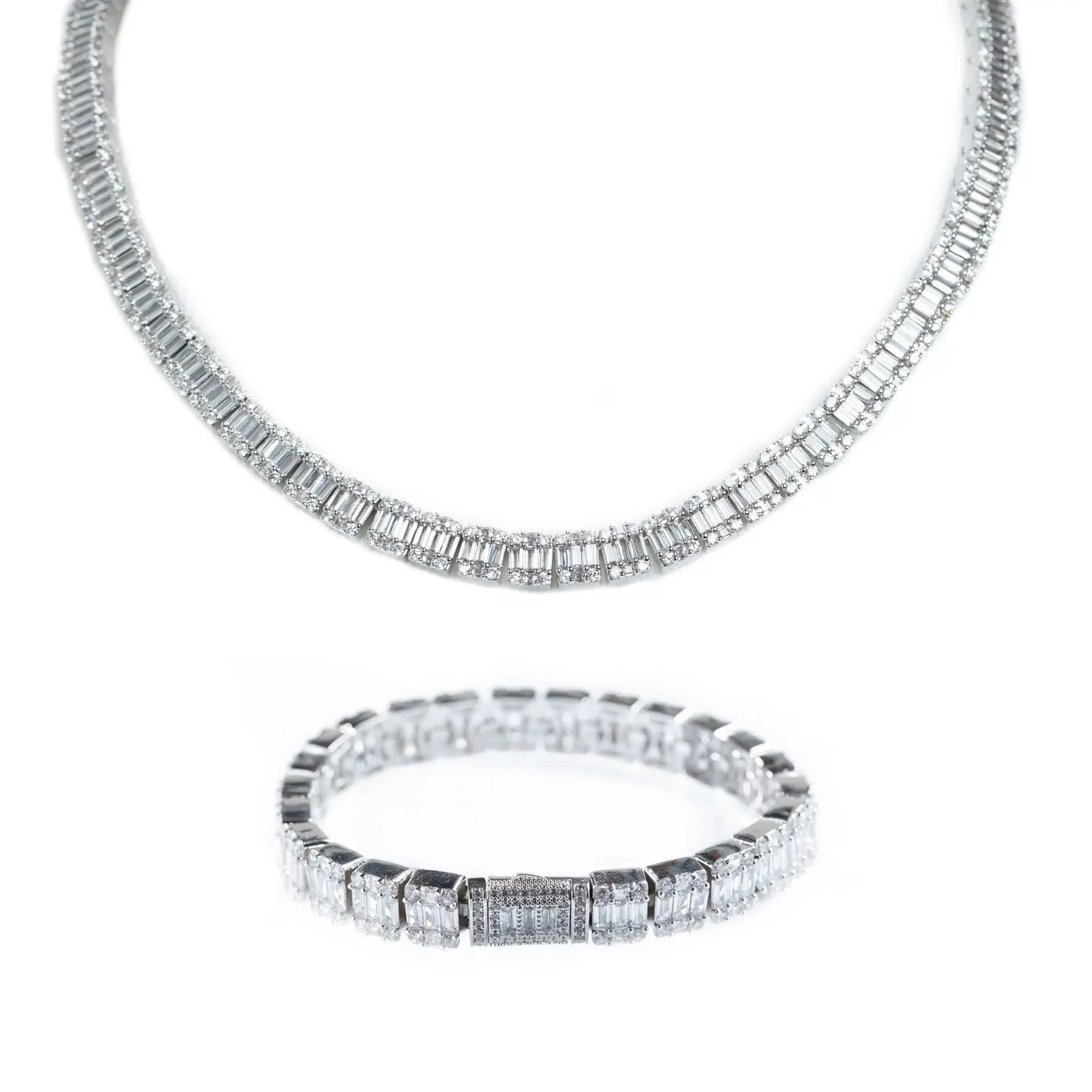 8mm Baguette Chain + Bracelet - White Gold