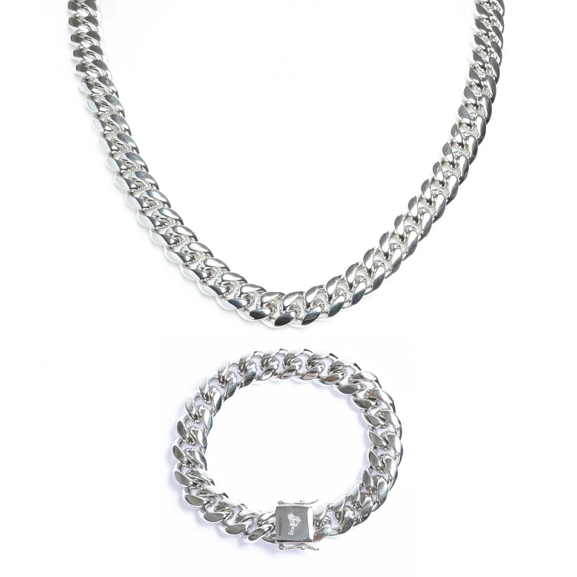 14mm Miami Cuban Link Chain + Bracelet - White Gold