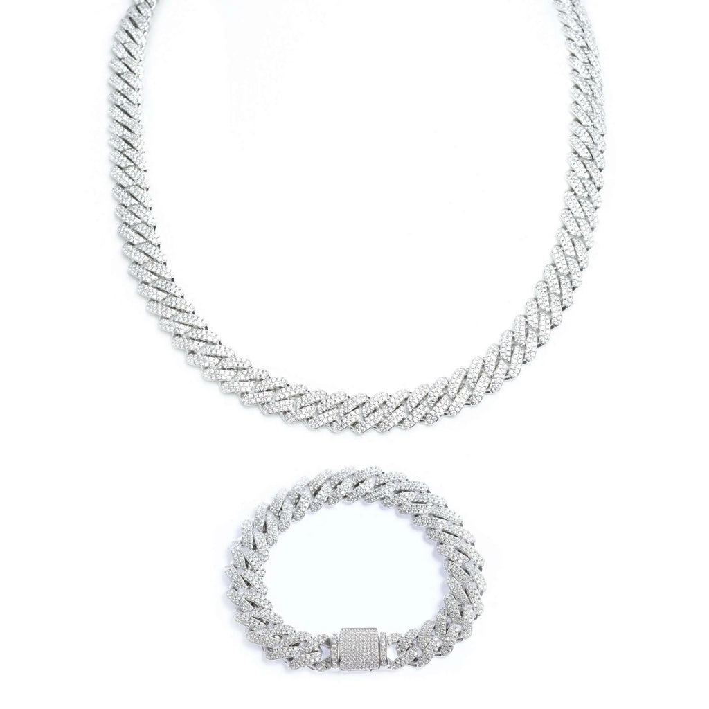 12mm Iced Prong Cuban Link Chain + Bracelet - White Gold