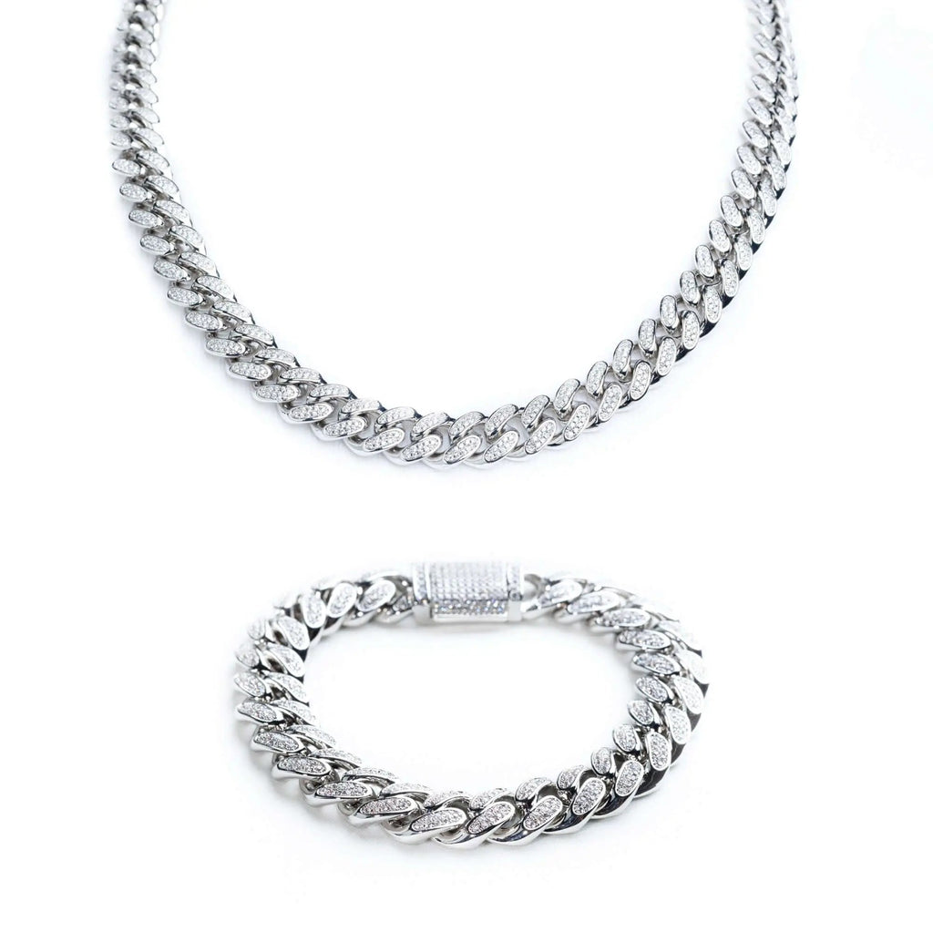 12mm Iced Miami Cuban Link Chain + Bracelet - White Gold