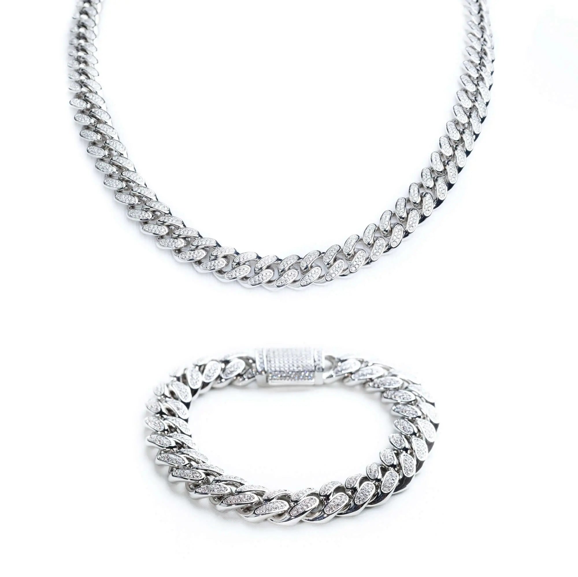 12mm Iced Miami Cuban Link Chain + Bracelet - White Gold
