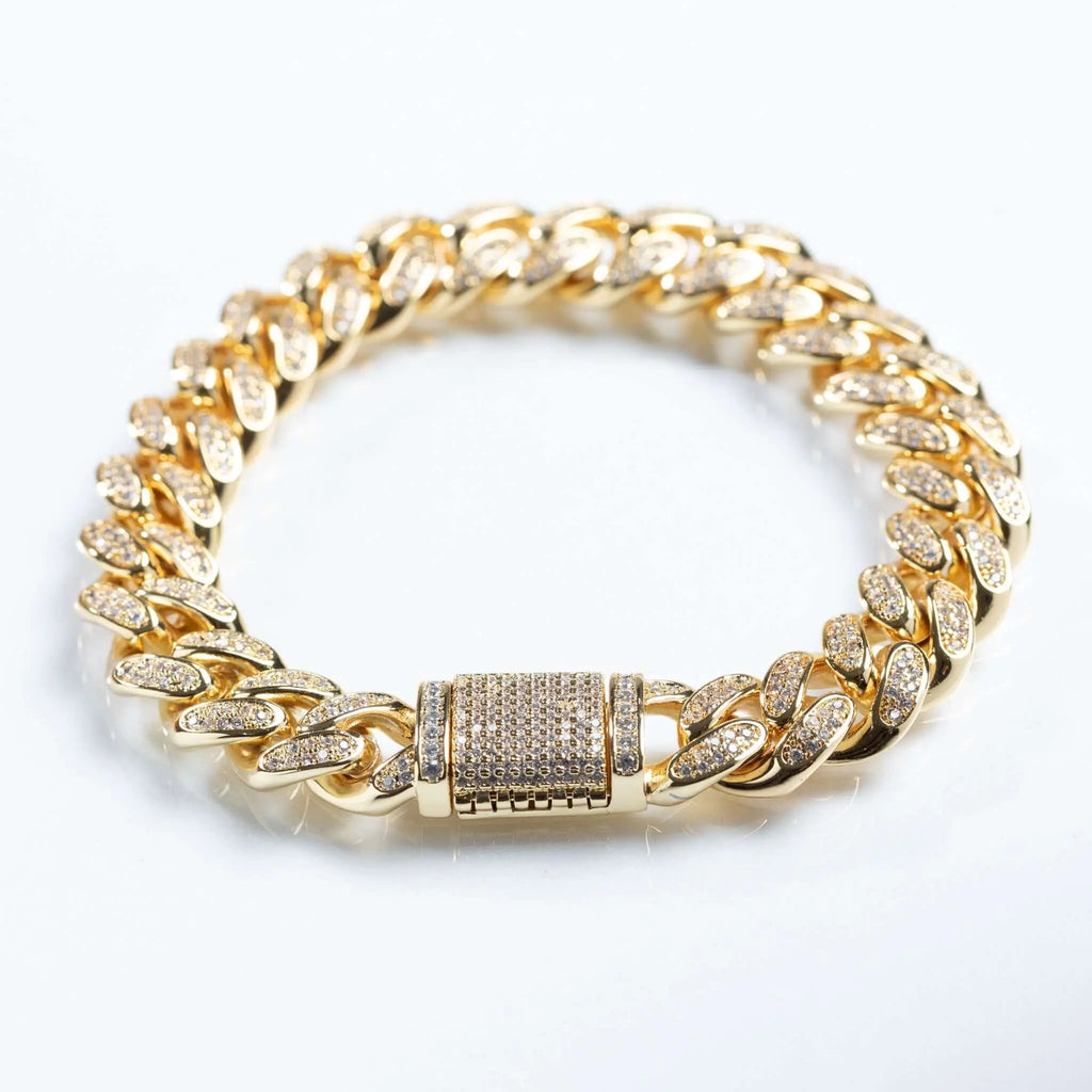 Womens 12mm Iced Miami Cuban Link Bracelet - Gold