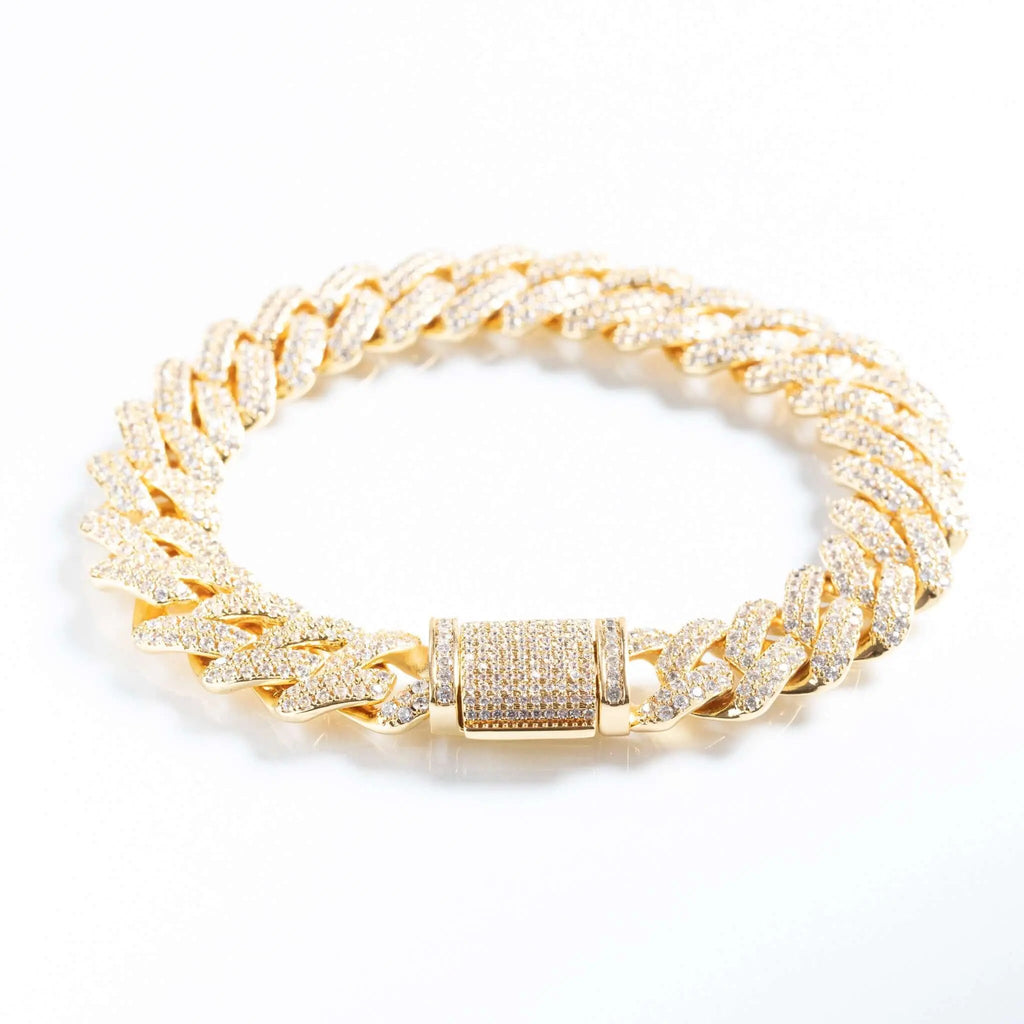 12mm Iced Prong Cuban Link Bracelet - Gold
