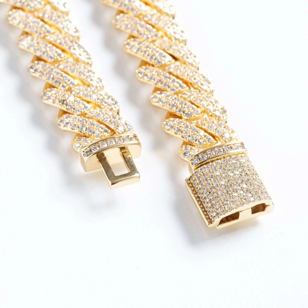 12mm Iced Prong Cuban Link Bracelet - Gold