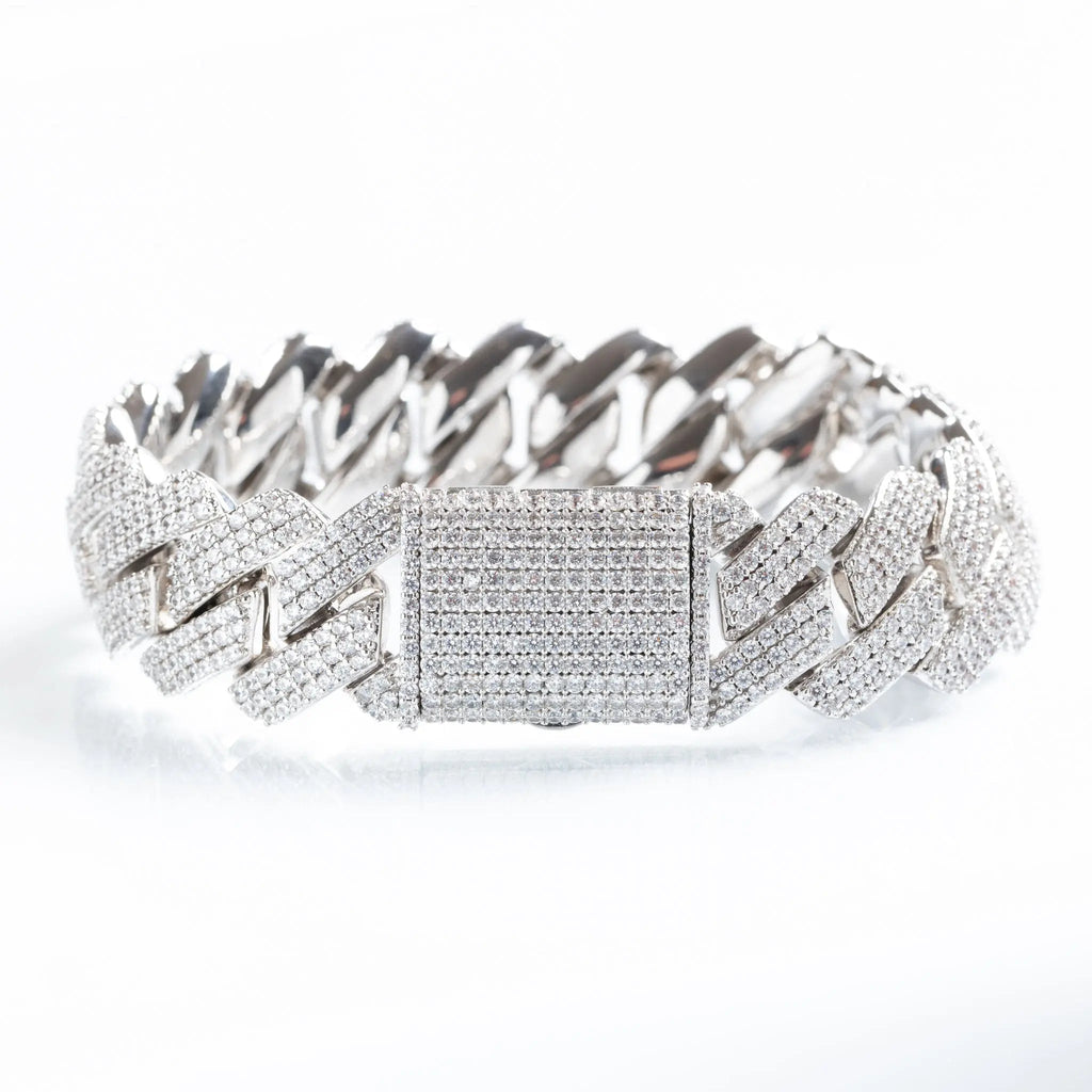 19mm Iced Prong Cuban Link Bracelet - White Gold