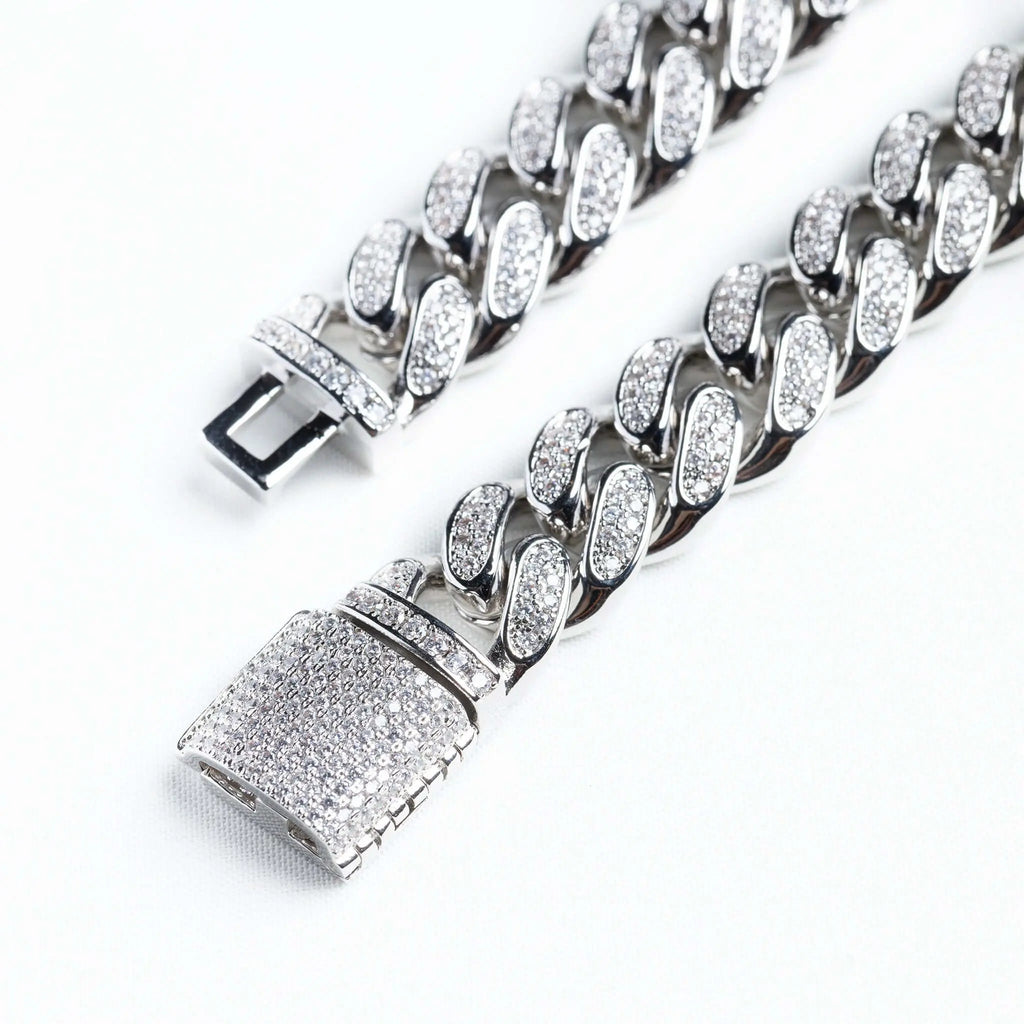12mm Iced Miami Cuban Link Chain + Bracelet - White Gold