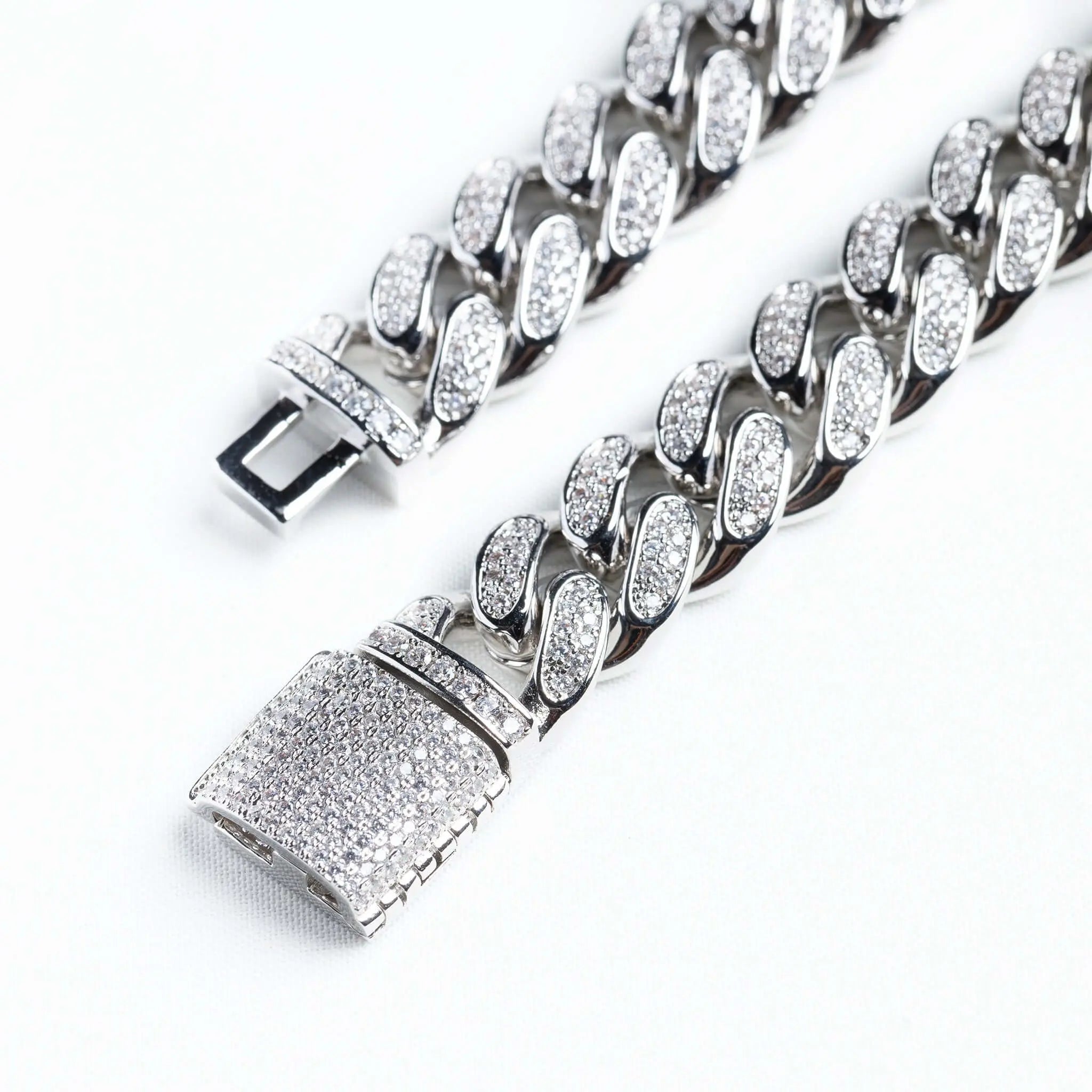 12mm Iced Miami Cuban Link Chain + Bracelet - White Gold