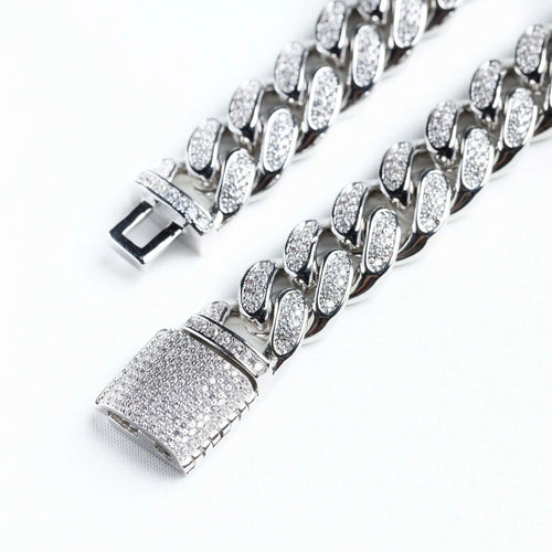 12mm Iced Miami Cuban Link Chain + Bracelet - White Gold
