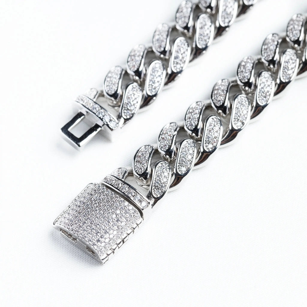 12mm Iced Miami Cuban Link Chain + Bracelet - Silver