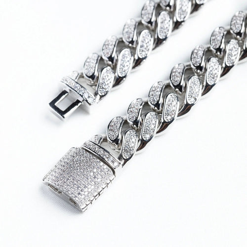 12mm Iced Miami Cuban Link Chain + Bracelet - Silver