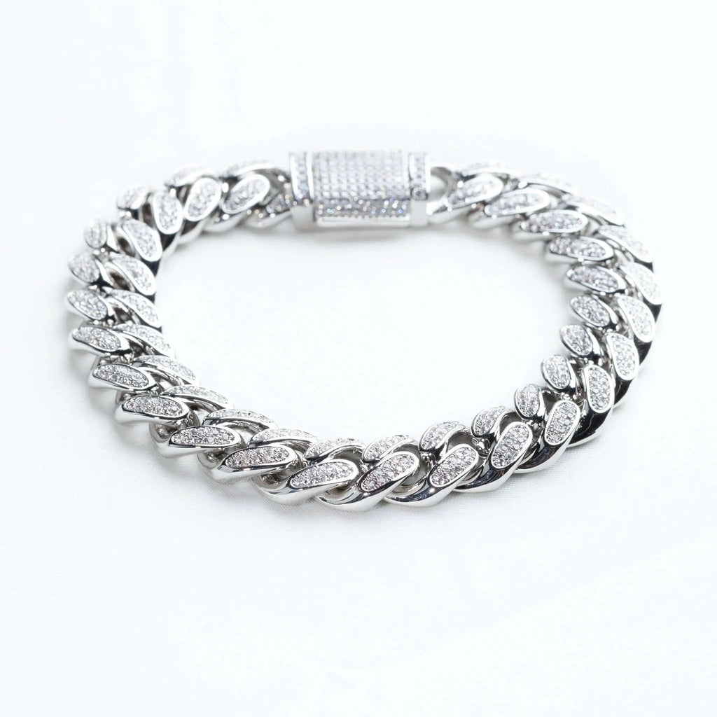 Womens 12mm Iced Miami Cuban Link Bracelet - White Gold