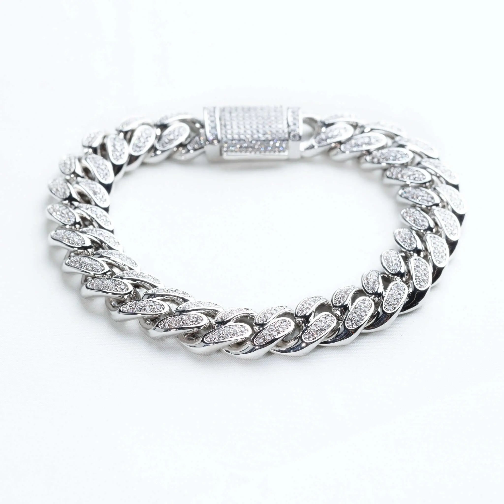 Mens 12mm Iced Miami Cuban Link Bracelet - White Gold