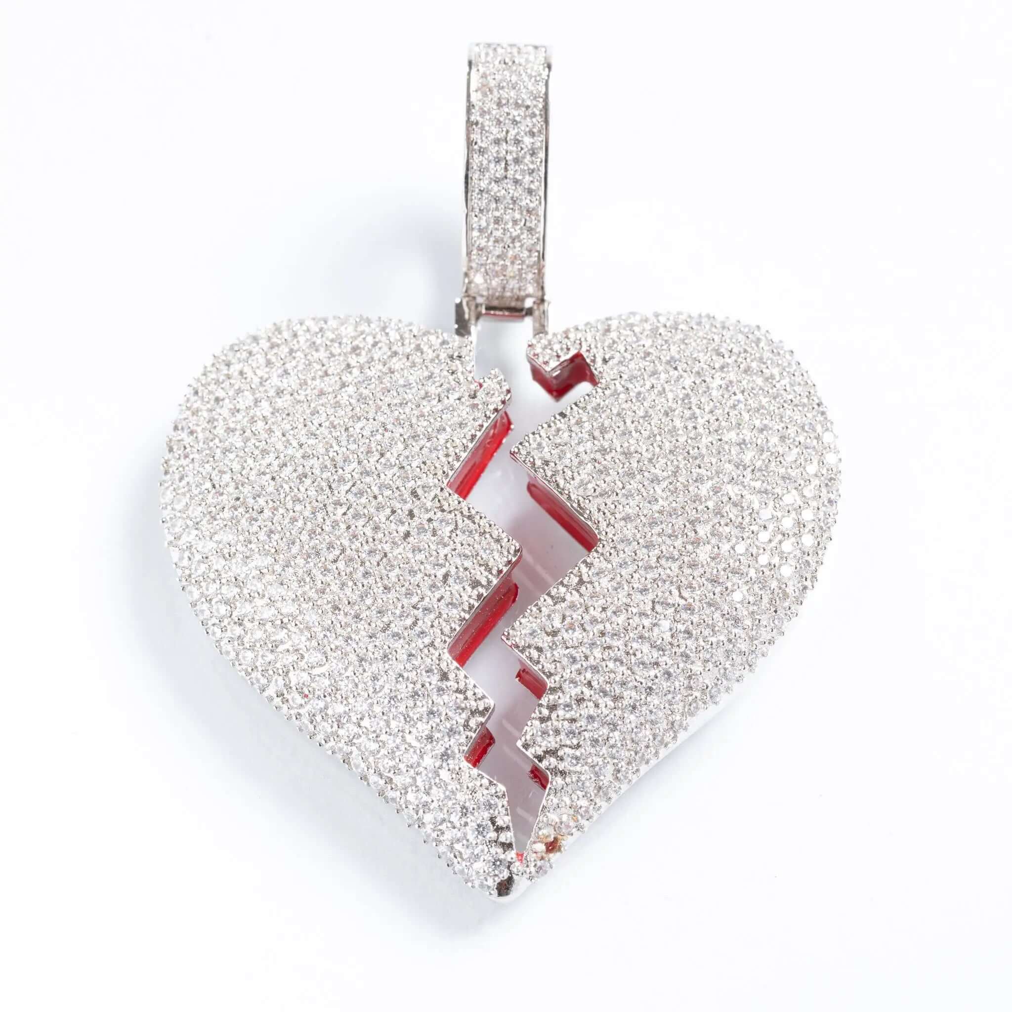 Iced Broken Heart Pendant - White Gold