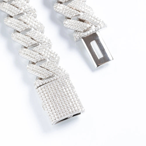 19mm Iced Prong Cuban Link Bracelet - White Gold