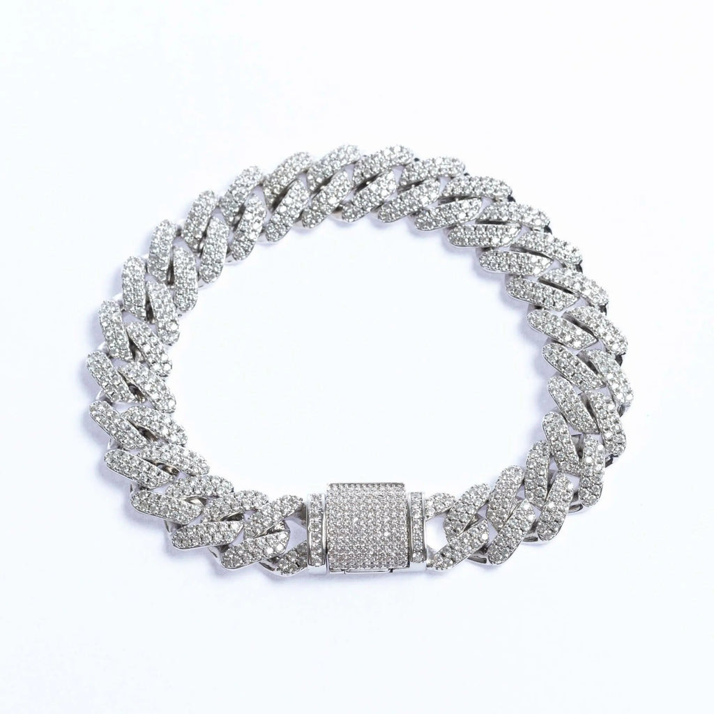 12mm Iced Prong Cuban Link Bracelet - White Gold