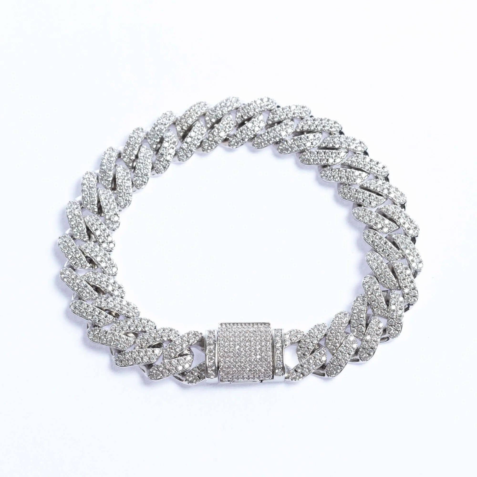 12mm Iced Prong Cuban Link Bracelet - White Gold