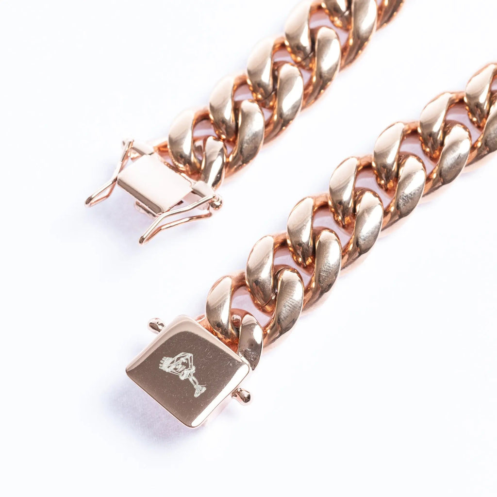 14mm Miami Cuban Link Chain + Bracelet - Rose Gold