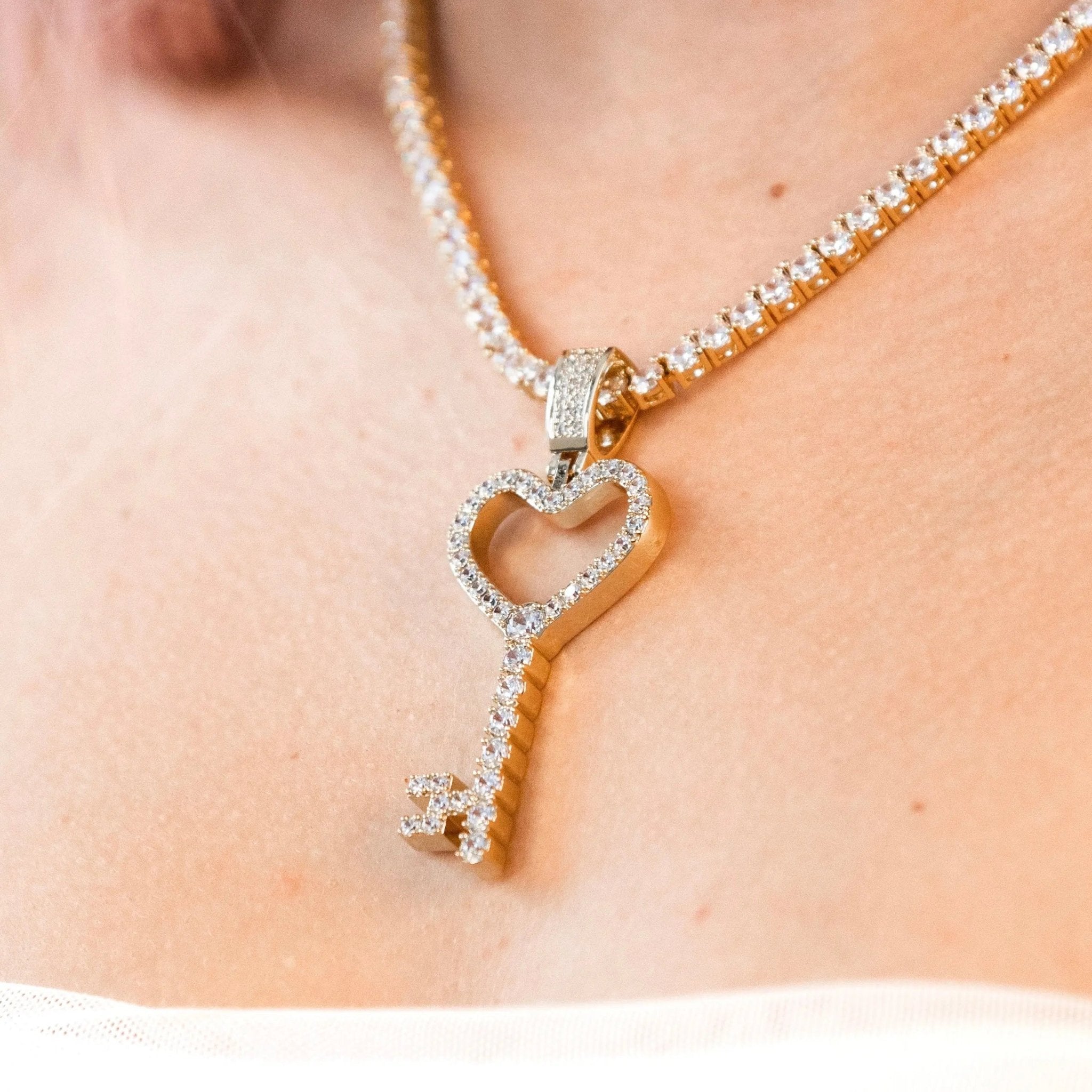 Iced Heart Key Pendant - Gold