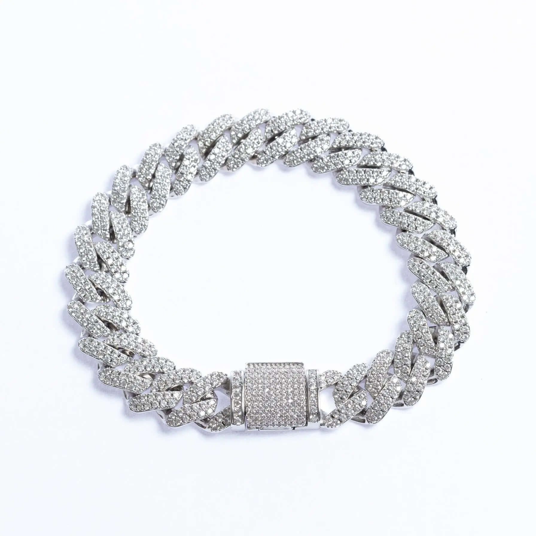 12mm Iced Prong Cuban Link Bracelet - Silver