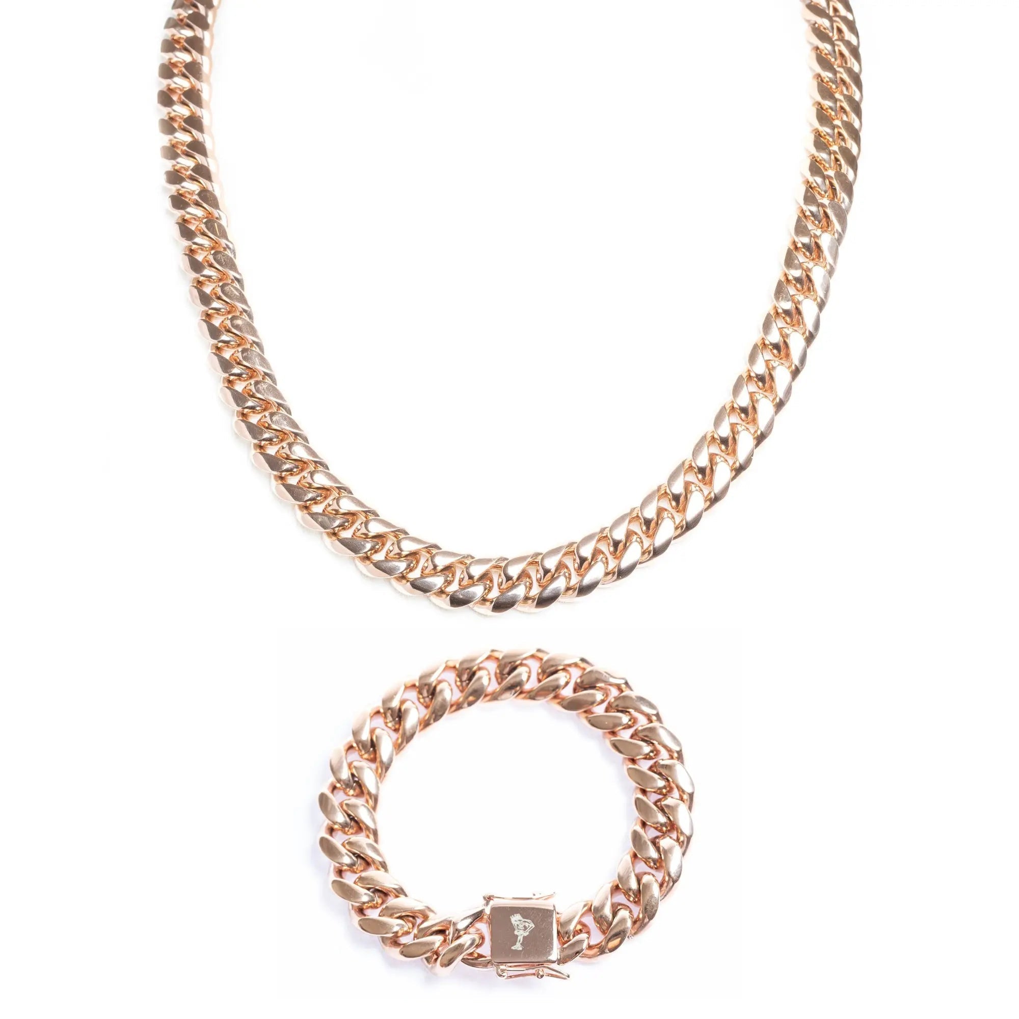 14mm Miami Cuban Link Chain + Bracelet - Rose Gold