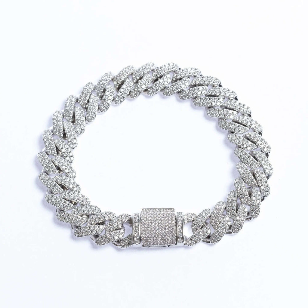 12mm Iced Prong Cuban Link Bracelet - Silver
