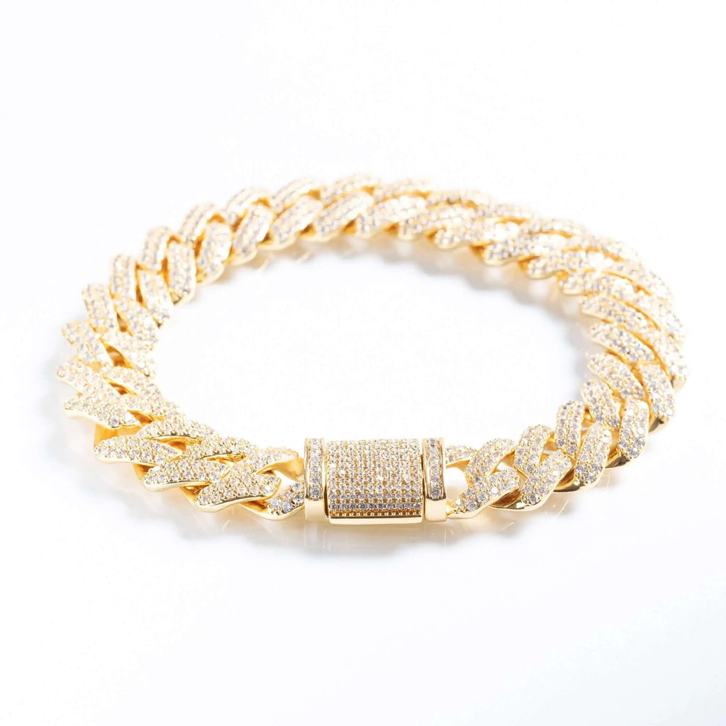 12mm Iced Prong Cuban Link Bracelet - Gold