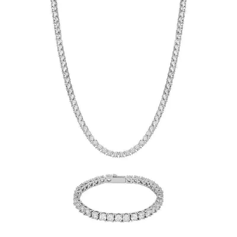 5mm Tennis Chain + Bracelet Set - White Gold