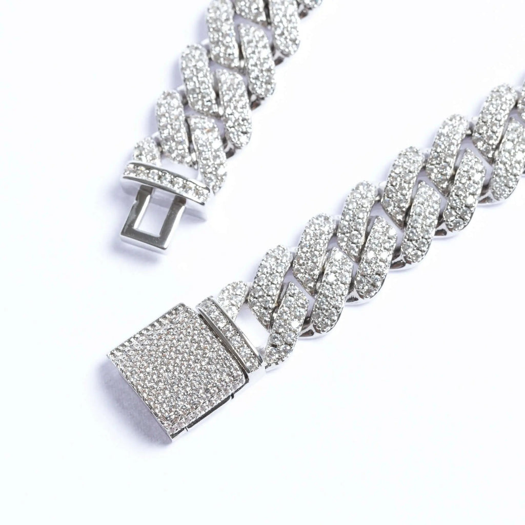 12mm Iced Prong Cuban Link Bracelet - White Gold