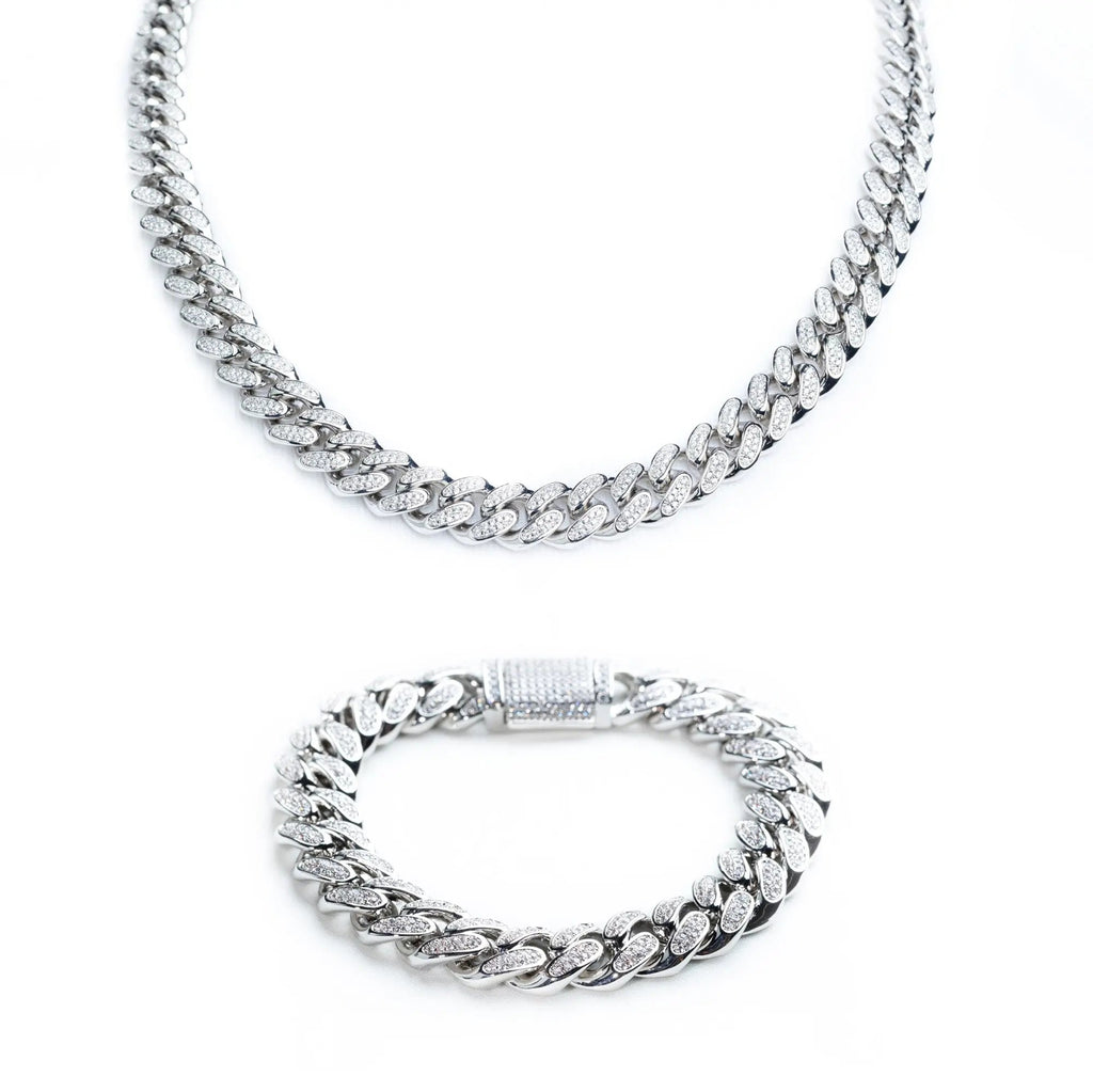 12mm Iced Miami Cuban Link Chain + Bracelet - Silver