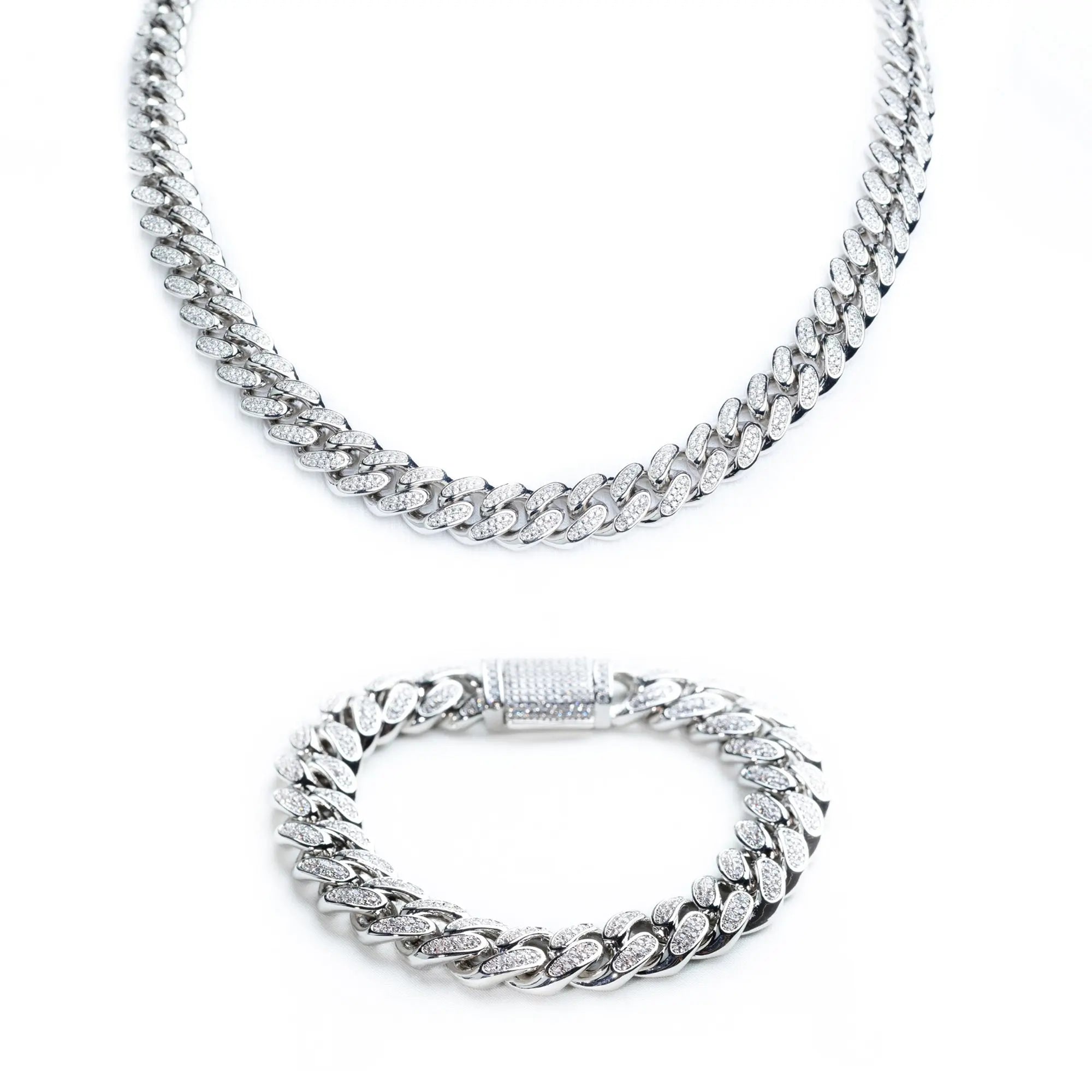 12mm Iced Miami Cuban Link Chain + Bracelet - Silver