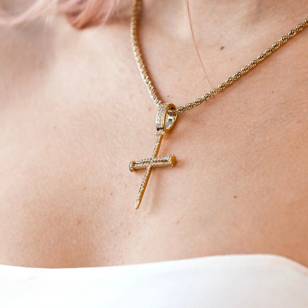 Iced Cross of Nails Pendant - Gold