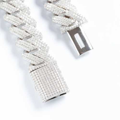 19mm Iced Prong Cuban Link Chain + Bracelet - White Gold