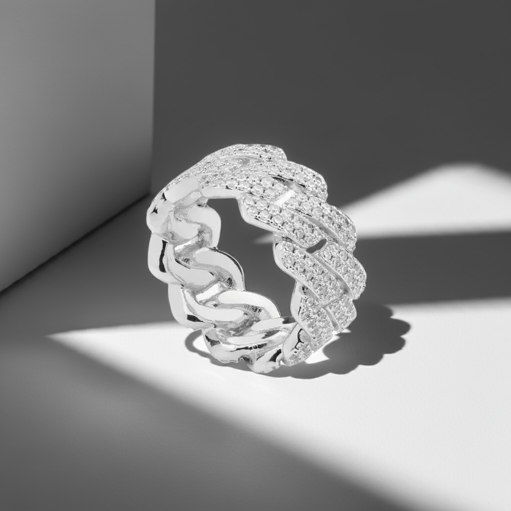Iced Prong Cuban Ring - Silver